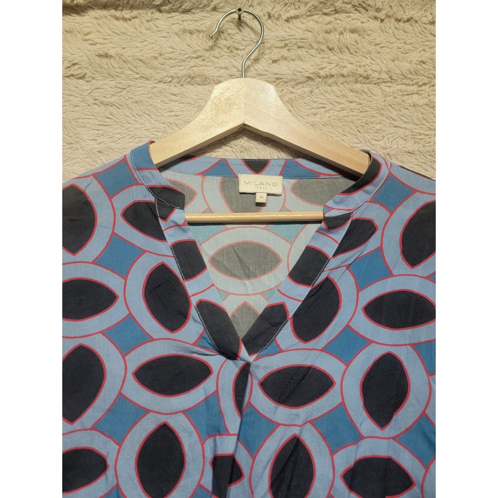 Milano Italy Women Blue Geometric Oval Print V-Neck Viscose Blouse Size 36